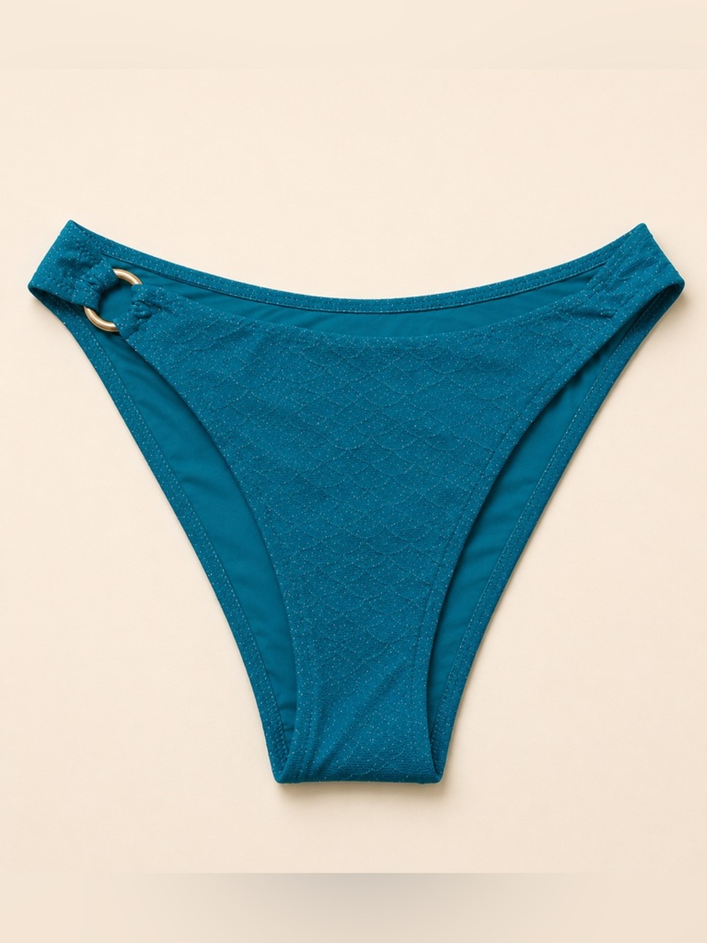 Berlook Teal Shimmer Textured Bikini Bottoms Size L Ring Detail (D/91)